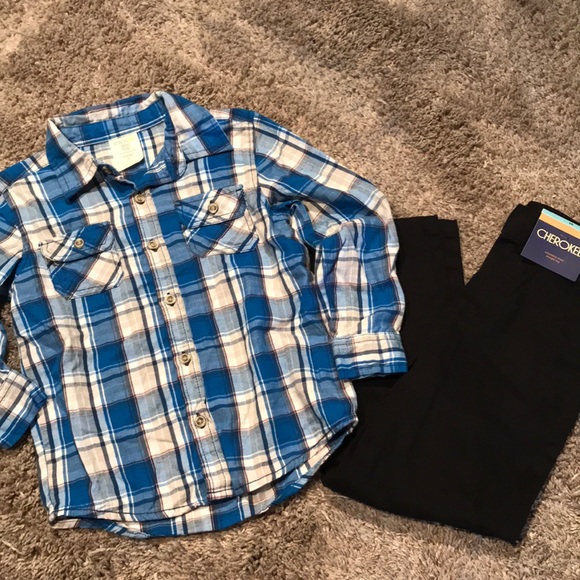 Blue Plaid Shirt Black Pants Outfit 